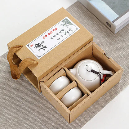 "Portable Chinese Tea Ceremony Set with Ceramic Teapot and Gaiwan Tea Cups"