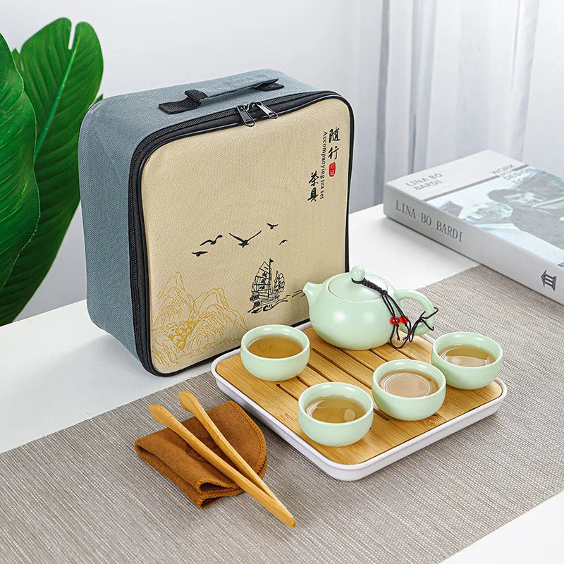 "Portable Chinese Tea Ceremony Set with Ceramic Teapot and Gaiwan Tea Cups"