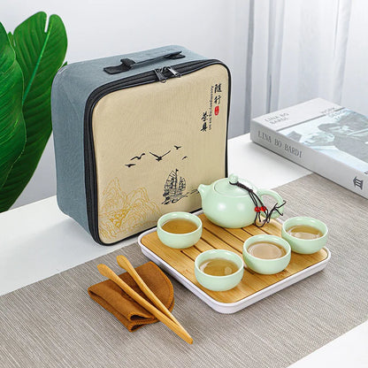 "Portable Chinese Tea Ceremony Set with Ceramic Teapot and Gaiwan Tea Cups"