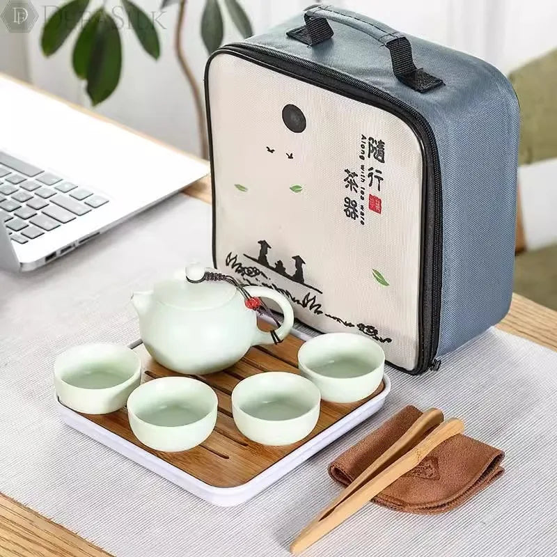 "Portable Chinese Tea Ceremony Set with Ceramic Teapot and Gaiwan Tea Cups"