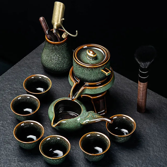 "2024 Luxury Chinese Kung Fu Tea Set - Automatic Porcelain Teapot, Cups, and Travel Set"