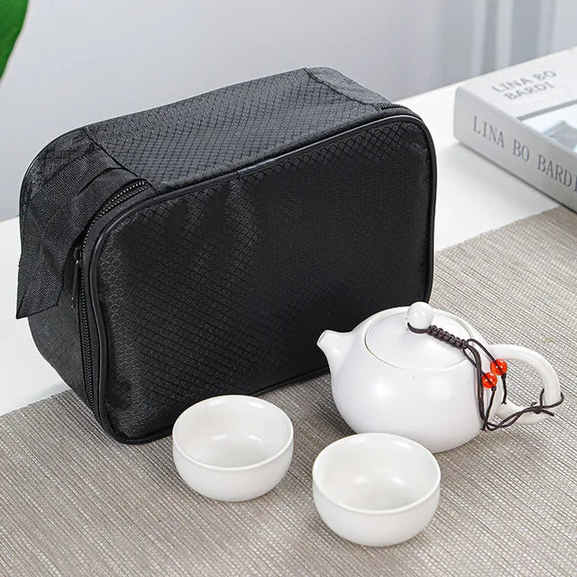 "Portable Chinese Tea Ceremony Set with Ceramic Teapot and Gaiwan Tea Cups"