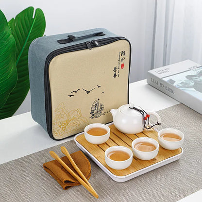 "Portable Chinese Tea Ceremony Set with Ceramic Teapot and Gaiwan Tea Cups"